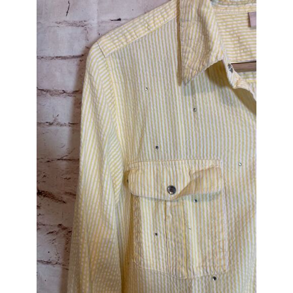 Quacker Factory Top Womens Large Yellow Striped Jewel Snap Up Beaded Button Up - Picture 2 of 13